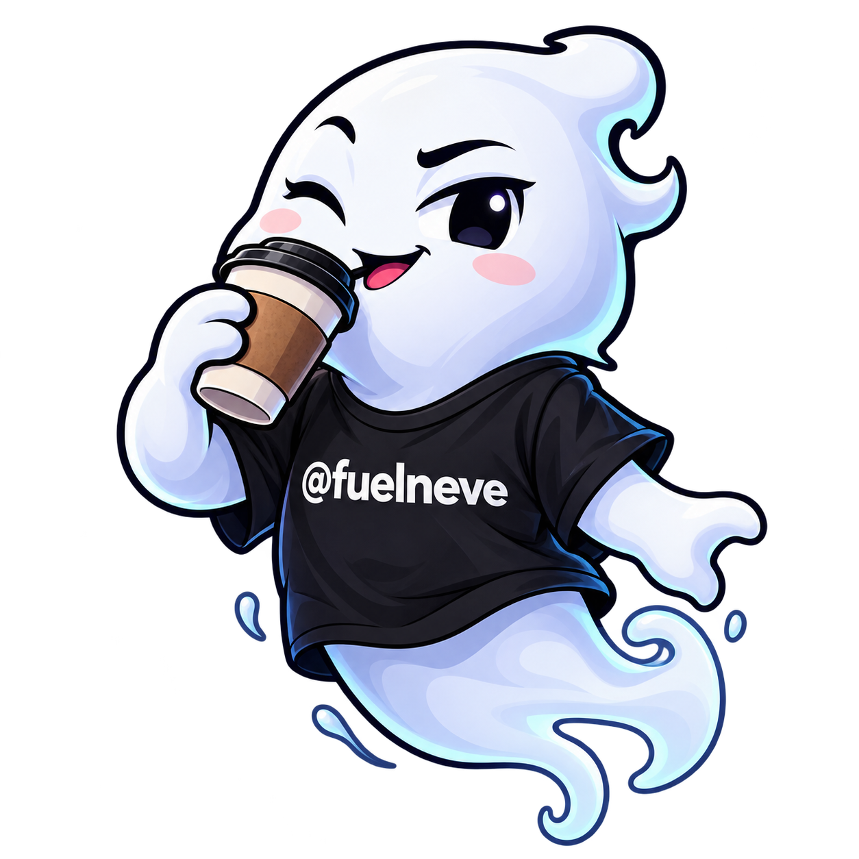 FuelNeve ghost sipping coffee in an @fuelneve shirt
